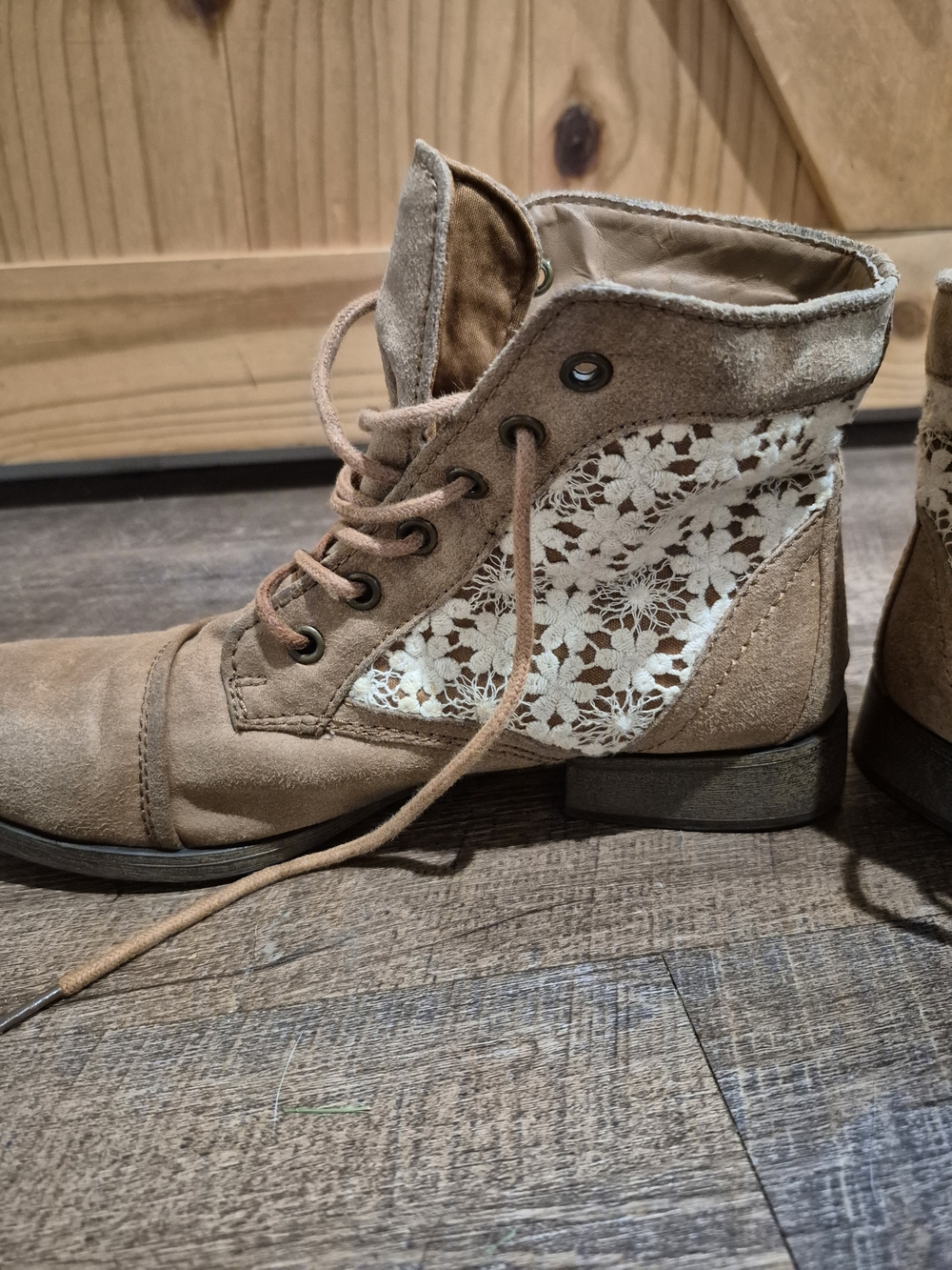 Brash Tan Lace-Up Ankle Boots with Cream Crochet Panels - Picture 5 of 14